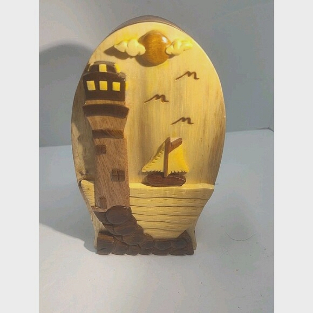 Polished Exotic Hardwood Wood Lighthouse Puzzle Trinket Box 7" Carver Dan